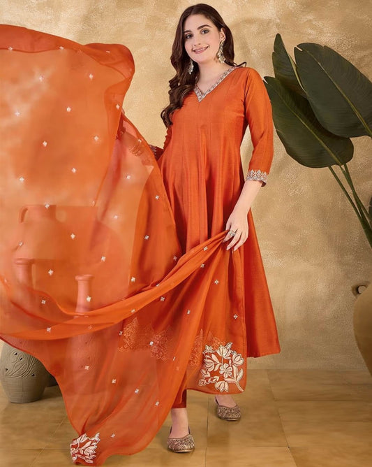 Rust Orange Roman Embroidered Kurta Pant Dupatta Set for Women | Elegant Ethnic Wear with Chanderi Dupatta