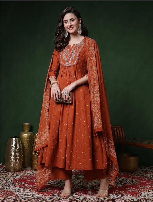 Women’s Rust Orange Roman Embroidered Kurta Pant Set with Chanderi Dupatta | Festive Ethnic Wear Suit Set