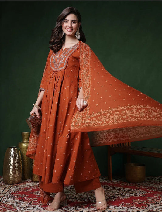 Women’s Rust Orange Roman Embroidered Kurta Pant Set with Chanderi Dupatta | Festive Ethnic Wear Suit Set