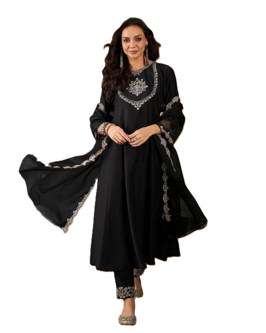 Women’s Black Chinon Embroidered Kurta Pant Set with Tabby Dupatta | Elegant Ethnic Party Wear Suit Set