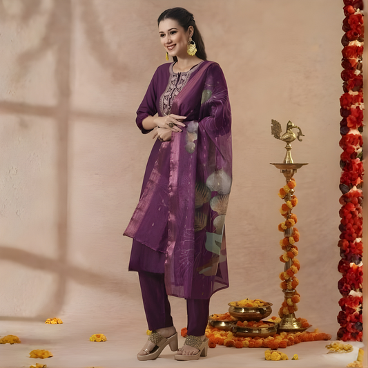 Elegant Purple Embroidered Magic Cotton 3-Piece Kurta Set