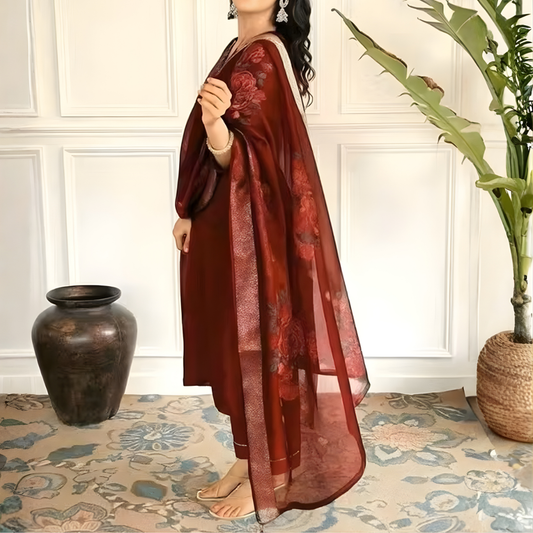 Magic Cotton Embroidered 3-Piece Suit with Digital Print Chanderi Dupatta