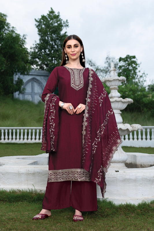 Women's Wine Vichitra Silk Embroidered Straight Kurta with Vichitra Silk Pant And Chinon Laced Dupatta Sets