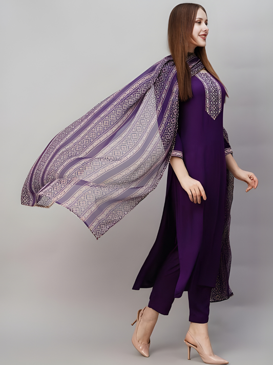 Stylish Women’s Purple Rayon Slub Kurta Pant Dupatta Set | Soft Rayon Fabric | Party & Daily Wear