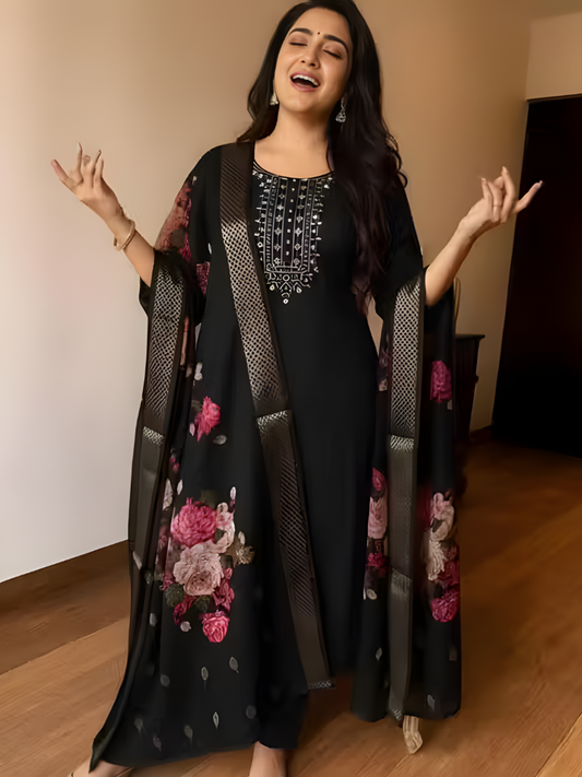 Women’s Elegant Black Rayon Kurta Set with Chanderi Digital Print Dupatta | 3 Piece Ethnic Suit