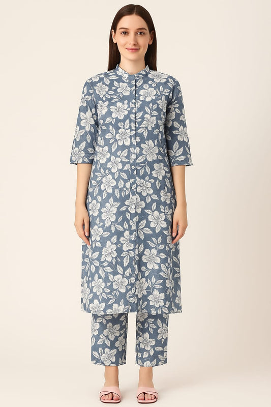 Women's Cotton Floral A-Line Kurta Set With Same Palazzo Pair