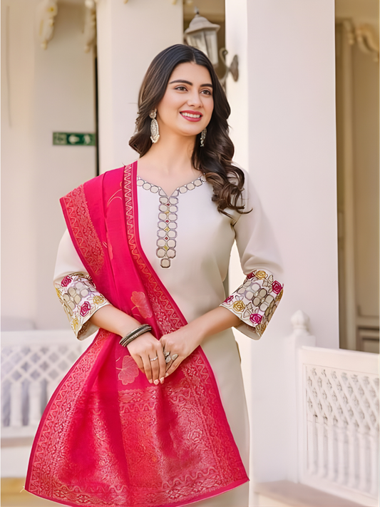 Rayon Slub Embroidered 3-Piece Suit with Woven Jacquard Dupatta