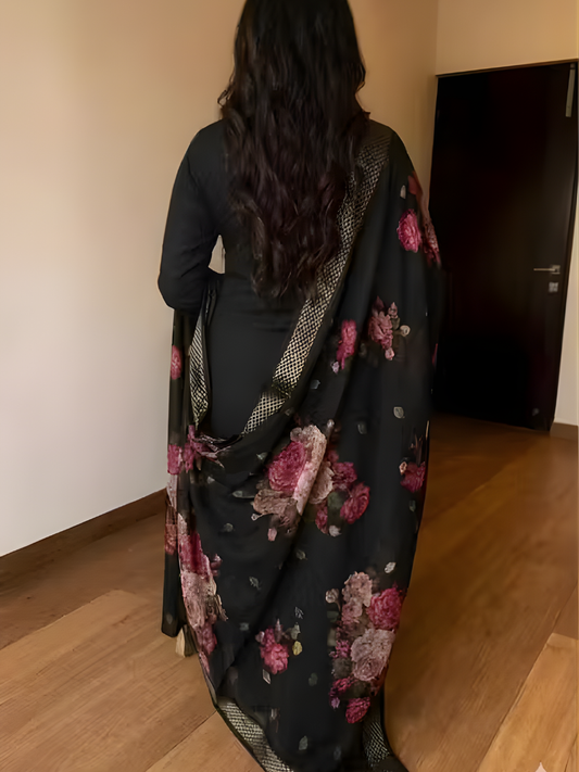 Women’s Elegant Black Rayon Kurta Set with Chanderi Digital Print Dupatta | 3 Piece Ethnic Suit