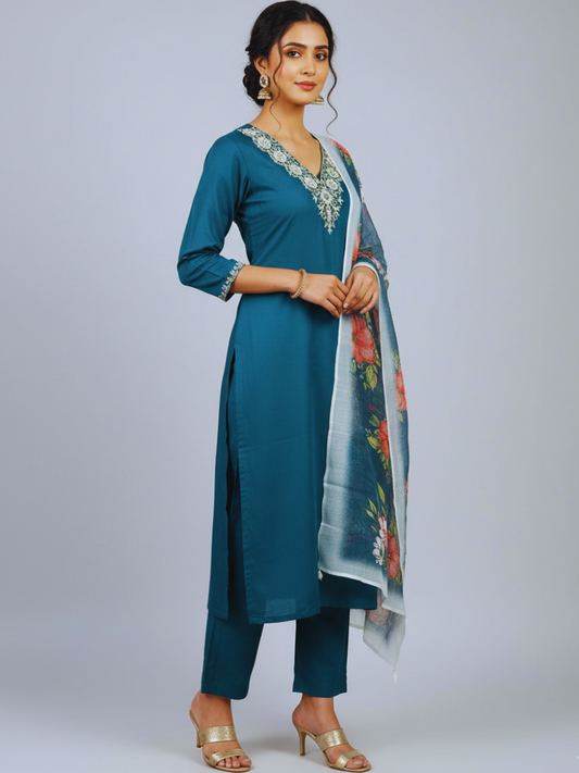 Elegant Teal Embroidered Kurta Set with Floral Printed Dupatta – 3 Piece Ethnic Wear