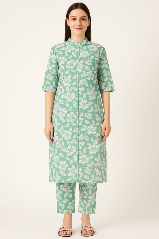 Women's Cotton Floral A-Line Kurta Set With Same Palazzo Pair