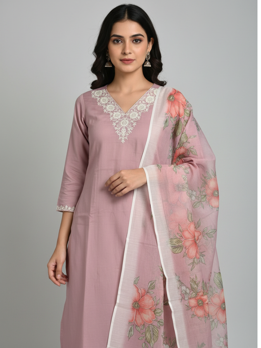 Elegant Dusty Pink Embroidered Kurta Set with Floral Printed Dupatta – 3 Piece Ethnic Wear