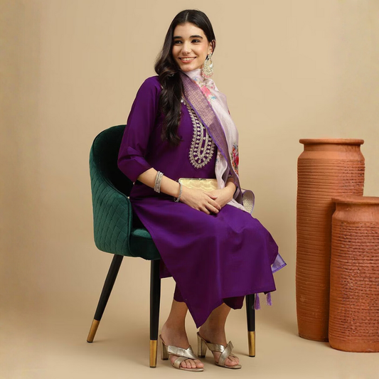 Purple Embroidered Kurti Set with Pant & Floral Dupatta for Women Wear Suit Set