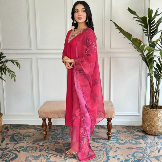 Rani Pink Rayon Slub Kurta Set with Chanderi Digital Print Dupatta