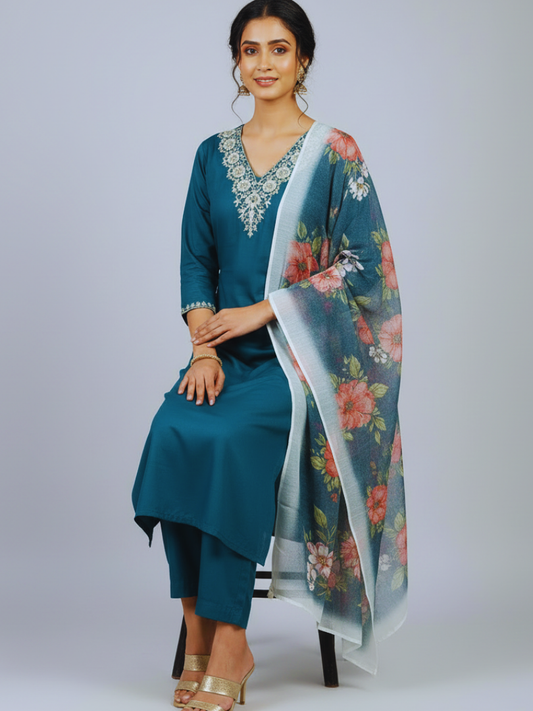 Elegant Teal Embroidered Kurta Set with Floral Printed Dupatta – 3 Piece Ethnic Wear