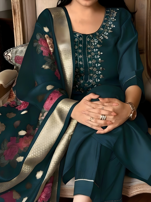 Premium Emerald Green Rayon Kurta Set with Digital Printed Chanderi Dupatta