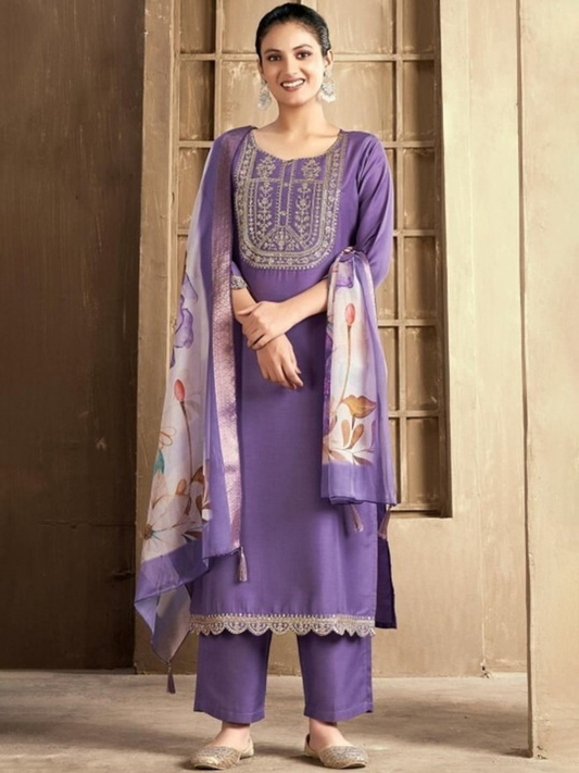 Rayon Slub 3-Piece Ethnic Ensemble: Intricate Embroidery & Digital Prints