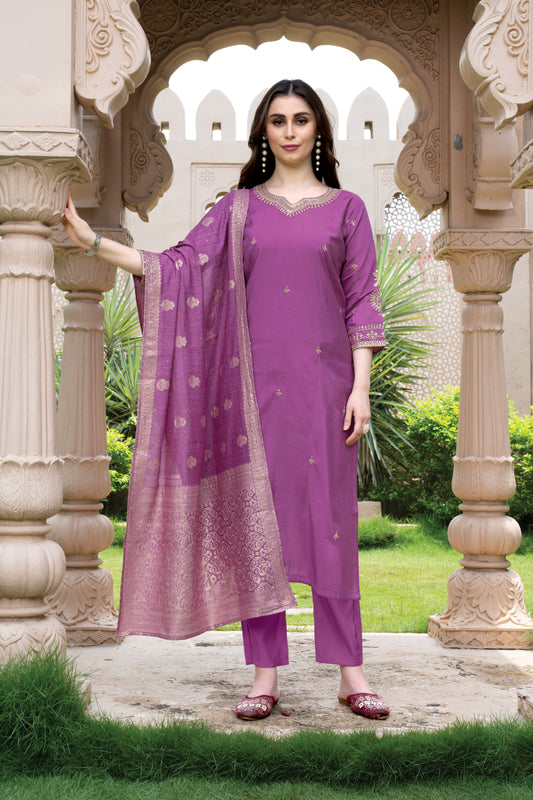 Women's SILK Embroidered Straight Kurta with Pant And JECKET BUTTI Printed Dupatta Sets