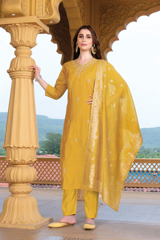 Women's SILK Embroidered Straight Kurta with Pant And JECKET BUTTI Printed Dupatta Sets
