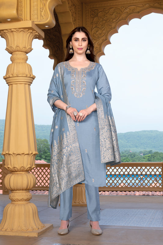 Women's SILK Embroidered Straight Kurta with Pant And JECKET BUTTI Printed Dupatta Sets
