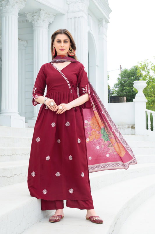 Elegant Design Premium Roman Silk Anrakali Suit with Embroidery work on all Over kurti and Sleeve With Beautiful Printed Dupatta and Pant