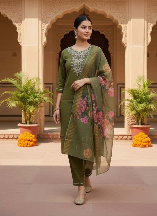 Women Olive Green Embroidered Kurta Pant Dupatta Set