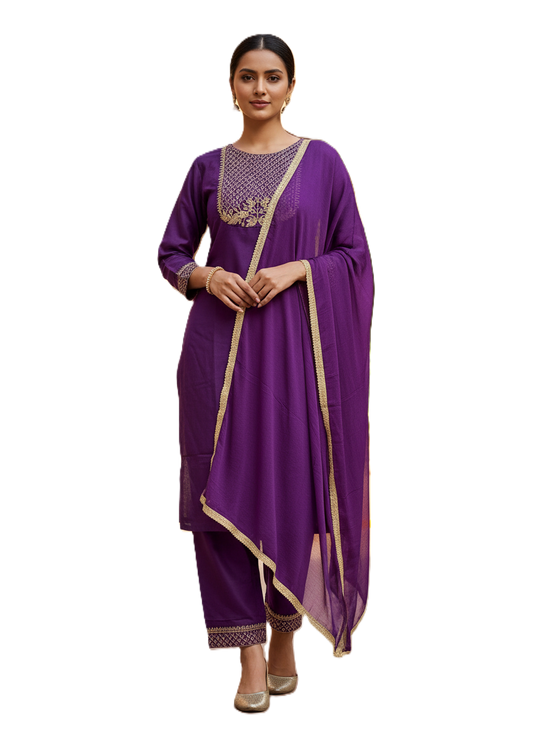 Women Rayon Slub Embroidered Kurta Pant Dupatta Set | Ethnic Straight Kurta Set for Women