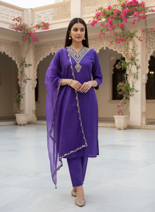 Women Purple Rayon Slub Embroidered Kurta Pant Dupatta Set | Elegant Ethnic Wear Suit Set for Women