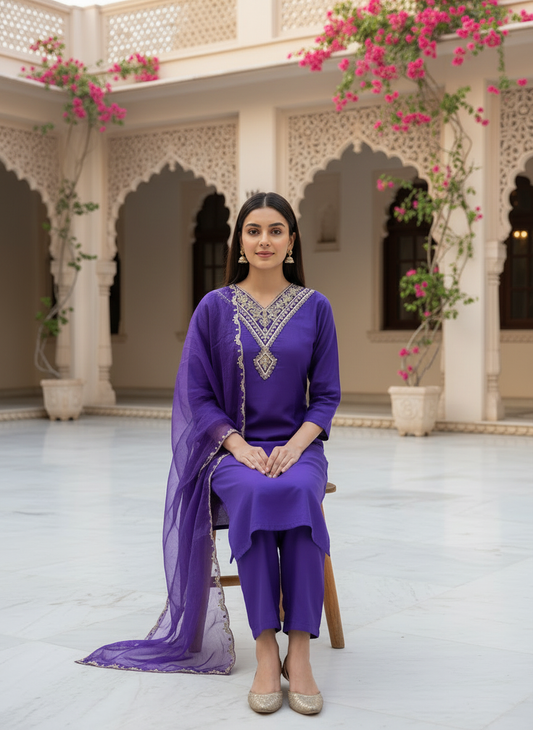 Women Purple Rayon Slub Embroidered Kurta Pant Dupatta Set | Elegant Ethnic Wear Suit Set for Women