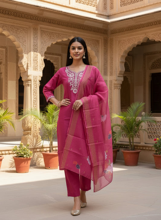 Women Pink Rayon Slub Embroidered Kurta Pant Dupatta Set | Elegant Ethnic Wear Suit Set for Women