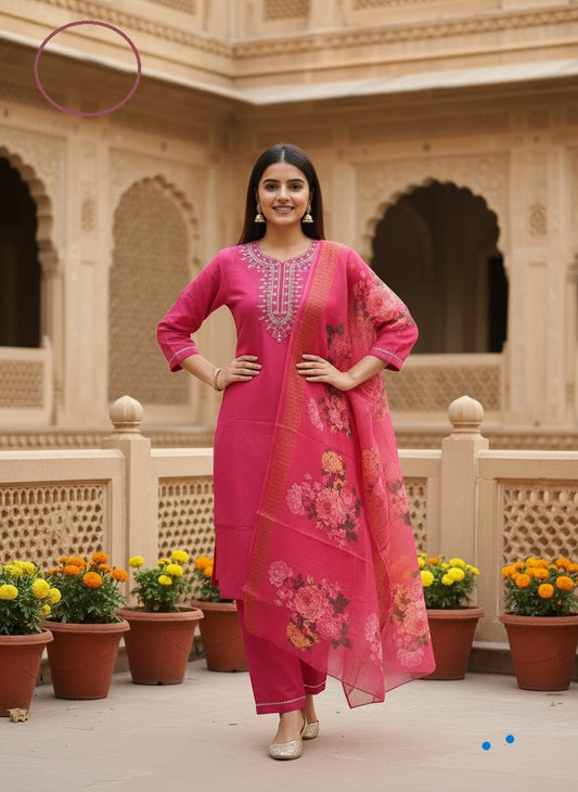 Women Pink Rayon Slub Embroidered Kurta Pant Dupatta Set | Elegant Ethnic Wear Suit Set for Women