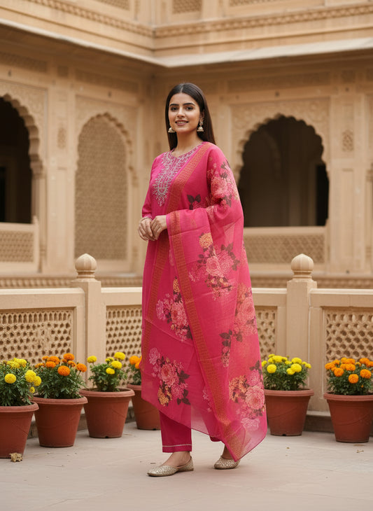 Women Pink Rayon Slub Embroidered Kurta Pant Dupatta Set | Elegant Ethnic Wear Suit Set for Women