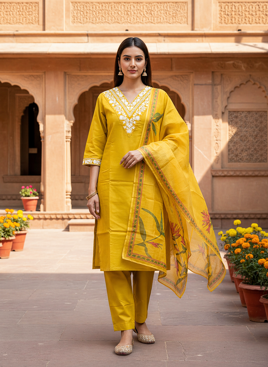 Women Mustard Yellow Rayon Slub Embroidered Kurta Pant Dupatta Set | Ethnic Floral Dupatta Suit Set for Women