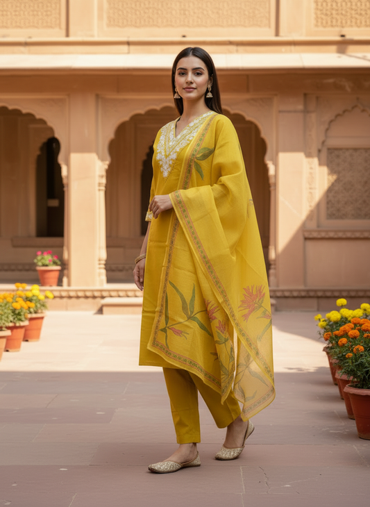 Women Mustard Yellow Rayon Slub Embroidered Kurta Pant Dupatta Set | Ethnic Floral Dupatta Suit Set for Women