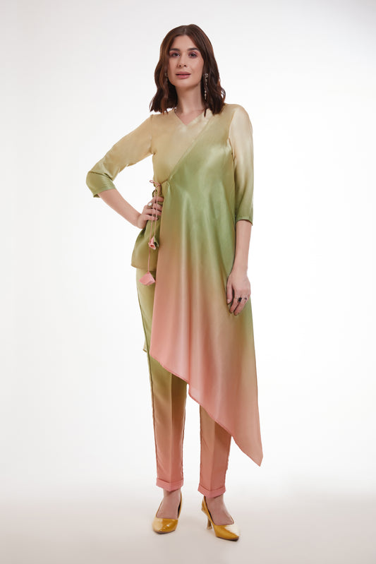 Mehndi Green & Peach Satin Asymmetric Co-Ord Set with Tie-Up Waist
