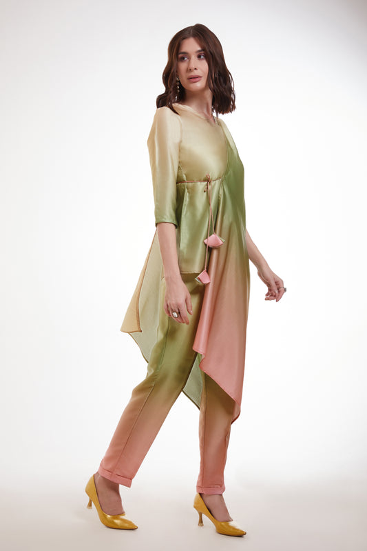 Mehndi Green & Peach Satin Asymmetric Co-Ord Set with Tie-Up Waist