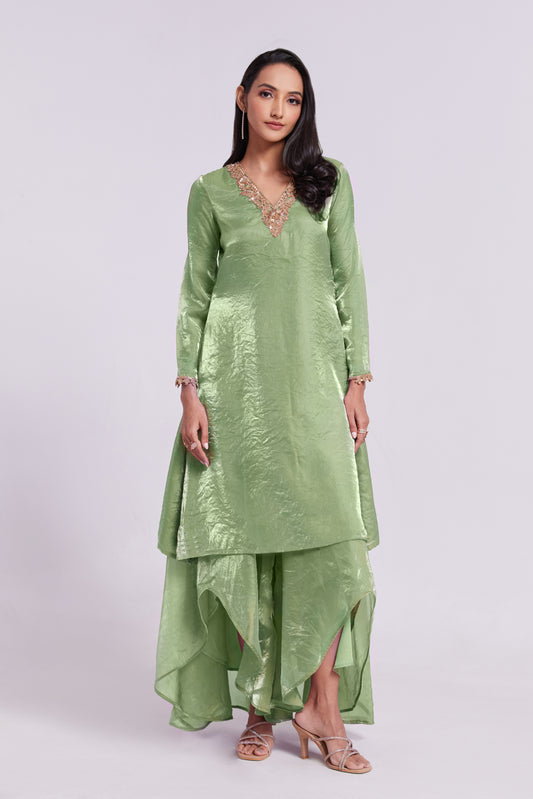 Pistachio Green Zardozi-Embroidered Kurta Set with Layered Trousers
