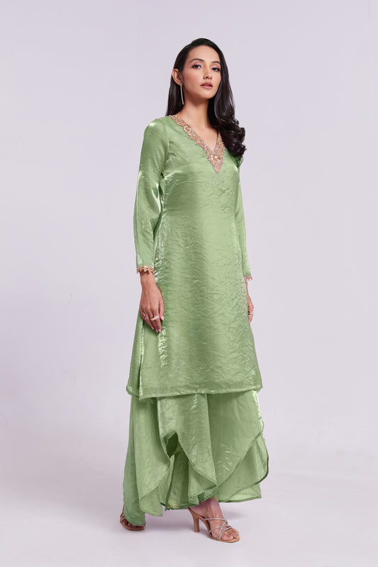 Pistachio Green Zardozi-Embroidered Kurta Set with Layered Trousers