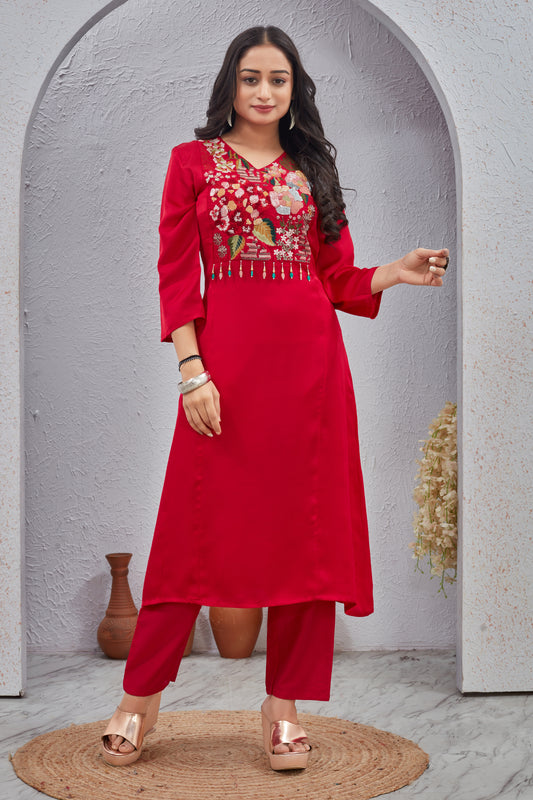Red Modal Viscose Embroidered Kurti Set for Women