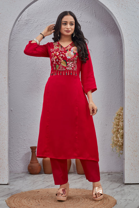 Red Modal Viscose Embroidered Kurti Set for Women