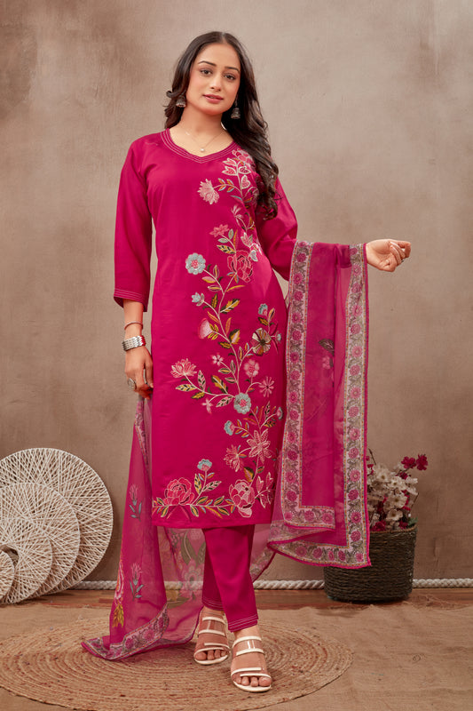Elegant Rani  Embroidered Suit Set with  Printed Dupatt