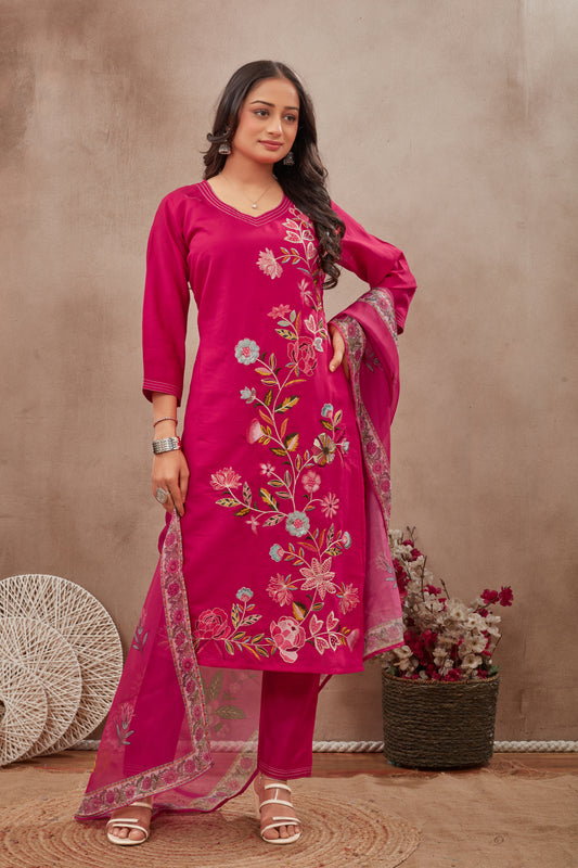 Elegant Rani  Embroidered Suit Set with  Printed Dupatt