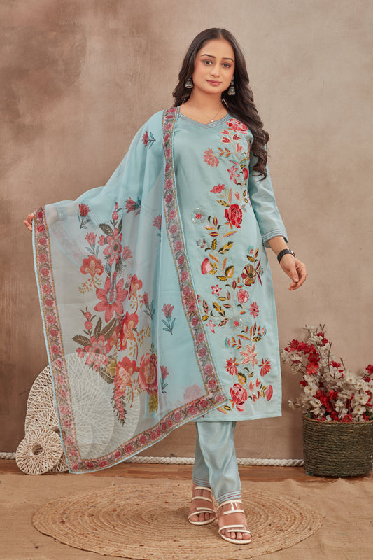 Elegant Sky-Blue  Embroidered Suit Set with  Printed Dupatt