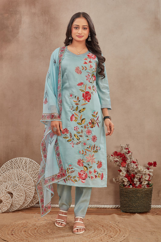Elegant Sky-Blue  Embroidered Suit Set with  Printed Dupatt