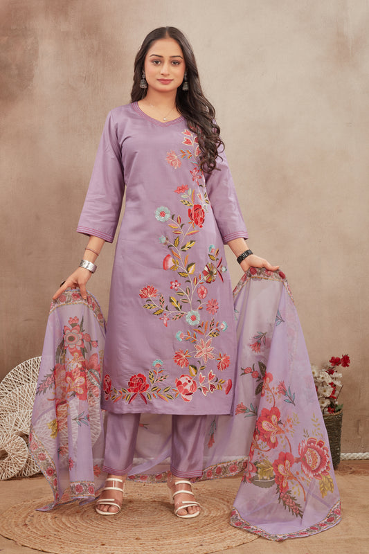 Elegant Purple  Embroidered Suit Set with  Printed Dupatt