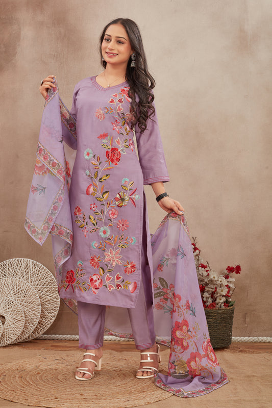 Elegant Purple  Embroidered Suit Set with  Printed Dupatt
