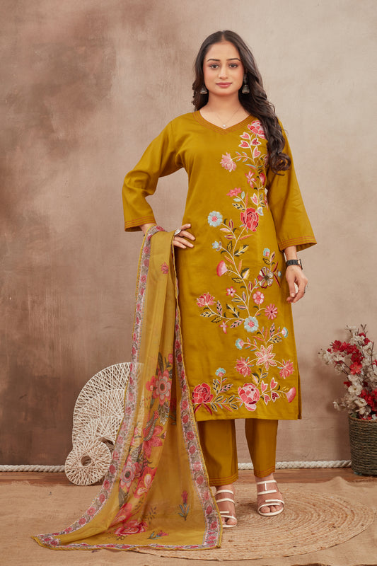 Elegant Mustard  Embroidered Suit Set with  Printed Dupatt