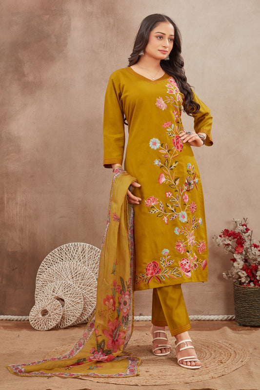 Elegant Mustard  Embroidered Suit Set with  Printed Dupatt