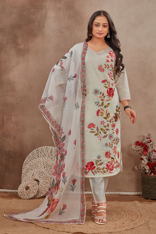 Elegant Cream  Embroidered Suit Set with  Printed Dupatt