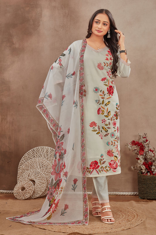 Elegant Cream  Embroidered Suit Set with  Printed Dupatt