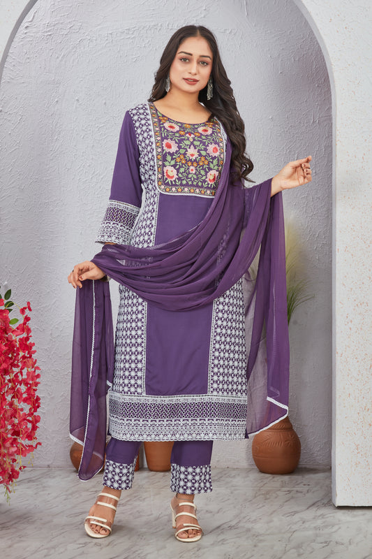 Purple Schiffli Work Kurti Set with Dupatta for Women